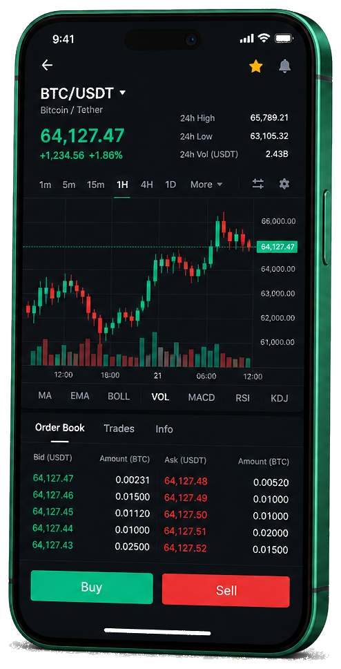 Interface mobile de trading Fritexiumprimo — cours BTC/USDT en direct, carnet d’ordres et outils de suivi des opérations